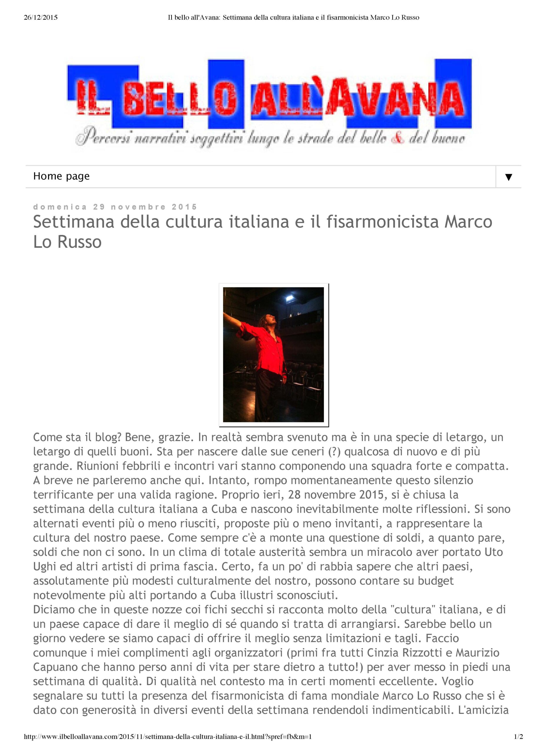 Il bello all'Avana Settimana della cultura italiana e il fisarmonicista Marco Lo Russo 29 Novemrbe 2015