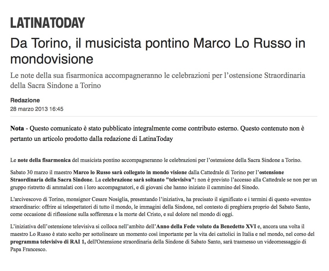 LATINATODAY, Da Torino, il musicista Marco Lo Russo in mondovisione Marzo