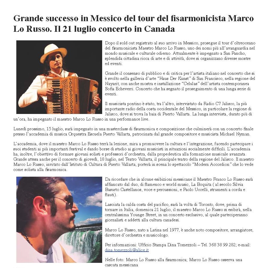 Grande successo in Messico del tour del fisarmonicista Marco Lo Russo. Il 21 luglio concerto in Canada _ Liguria2000News